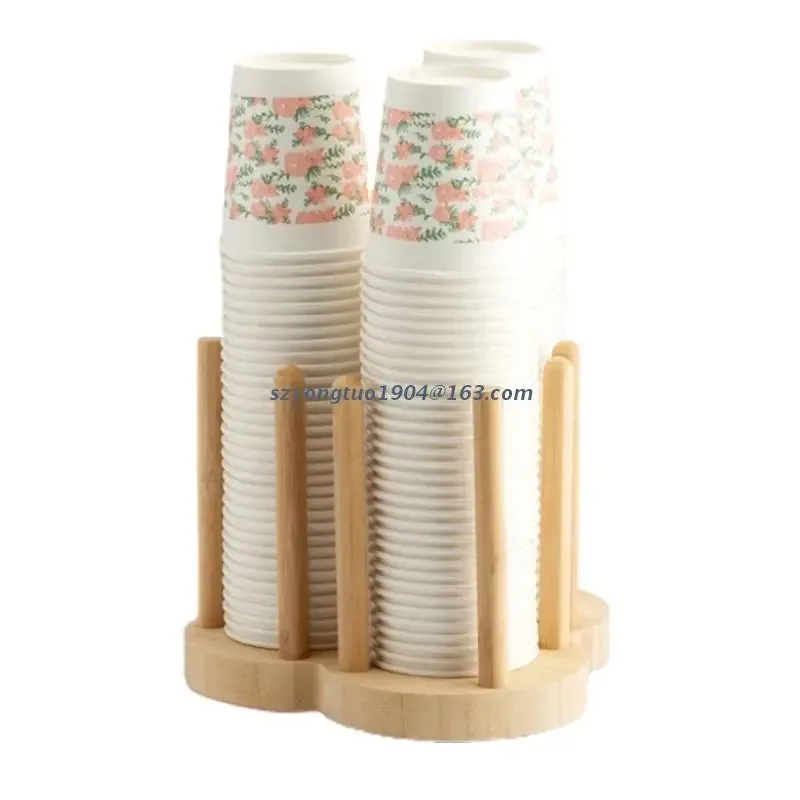 Disposable paper cup dispenser coffee and milk wooden cup storage rack holder with Longer Stick Mug Display Stand Organizer