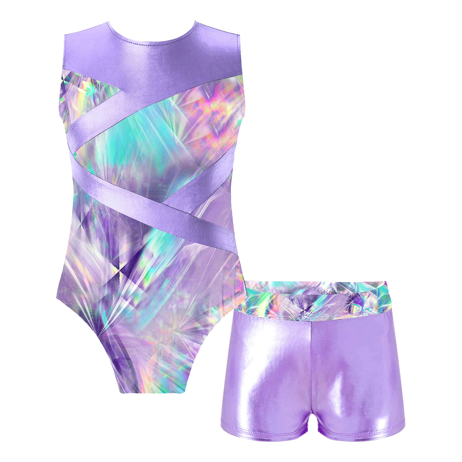 thumbnail image 1 of Trajes de baile de Ballet para niñas, Biketards con cuello redondo, estampado calado, Mallas de gimnasia, mono ajustado con pantalones cortos, 1 of 5