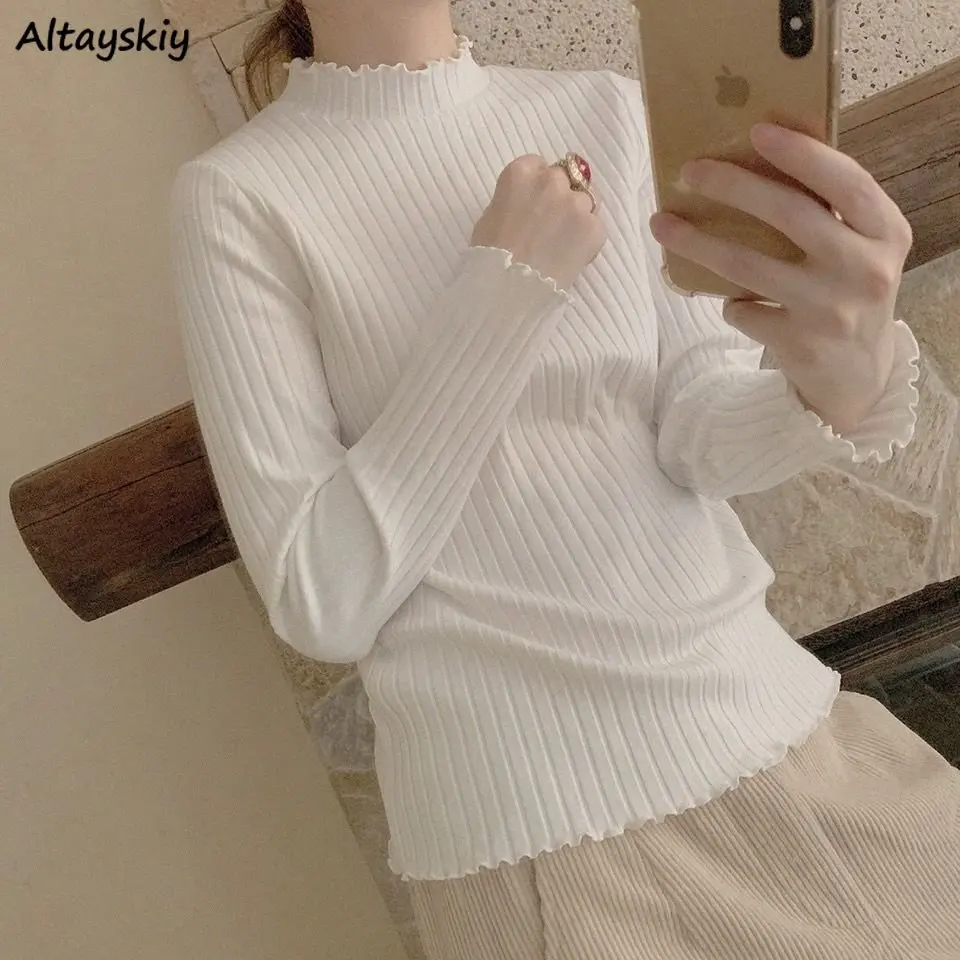 

Пуловер женский с рюшами и ложным воротником, повседневный Однотонный свитер с длинным рукавом, приталенный вязаный джемпер, милый белый, на осень