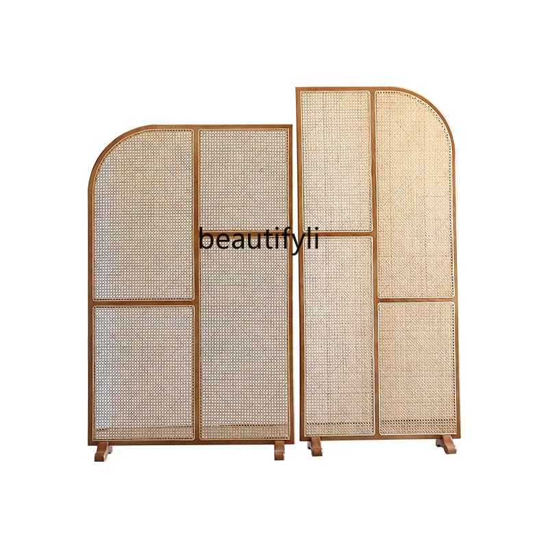 

Solid Wood Screen Combination Small Apartment Nordic Restaurant Creative Woven Rattan Partition Wall Movable Seat Screen