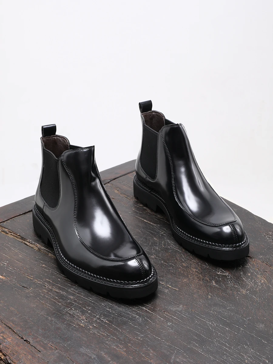 

2024 New Men's Genuine Leather Business Casual Booties Platform High Top Leather Shoes Shiny Leather Fashion Men's Boots Black