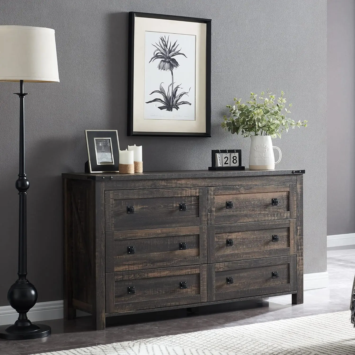 

T4TREAM Farmhouse 6 Drawers Dresser for Bedroom, Wood Rustic Wide Chest of Drawers, Storage Dressers Organizer for Bedroom,