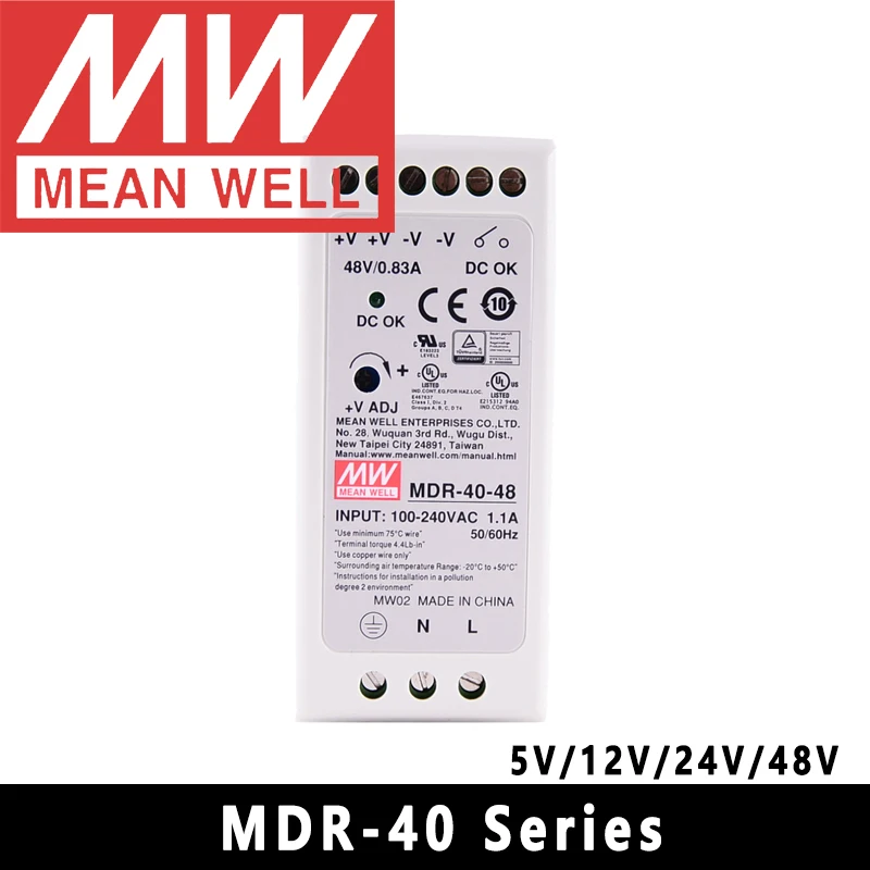 Mean Well 단일 출력 산업용 DIN 레일 전원 공급 장치, 오리지널 Mean Well MDR-40-24 DC 24V 1.7A 40.8W