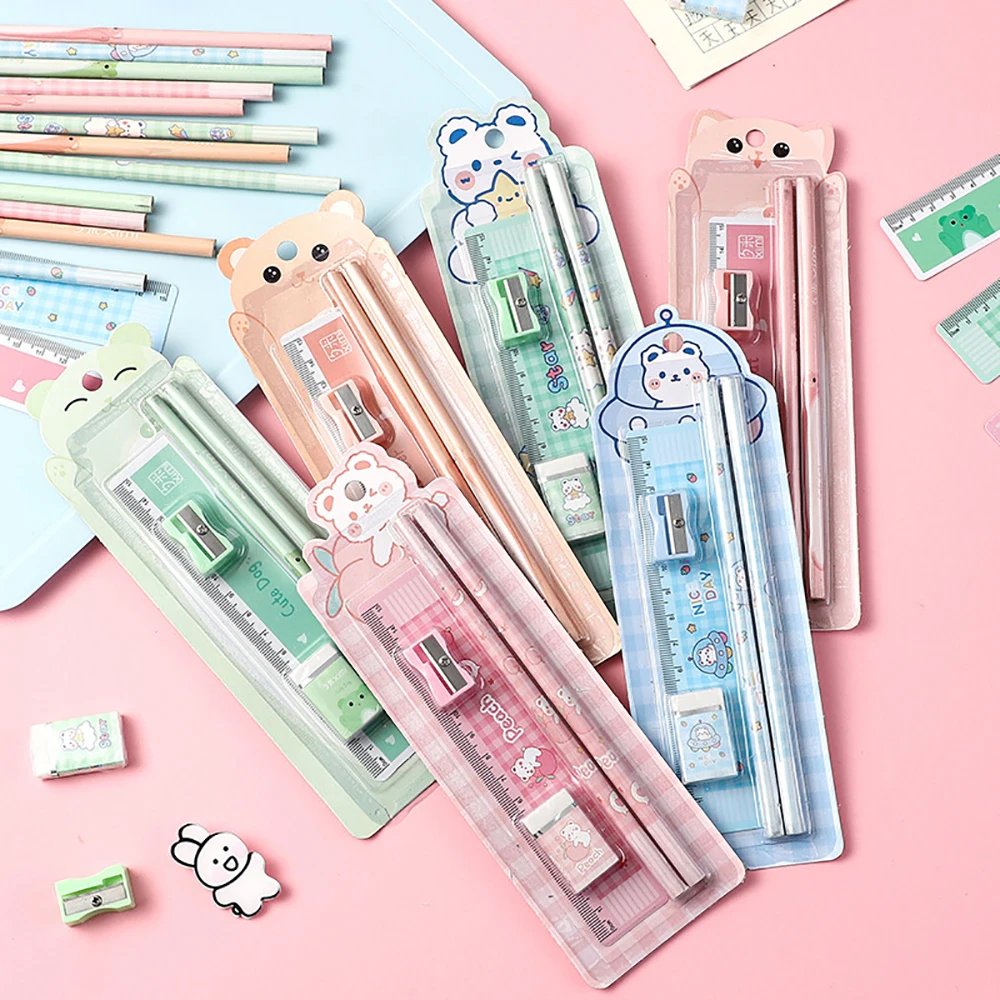 5Pcs Cute Cartoon Pencil Set Sharpener Eraser Ruler Set Gift for Kids School Office Writing Supplies Stationery