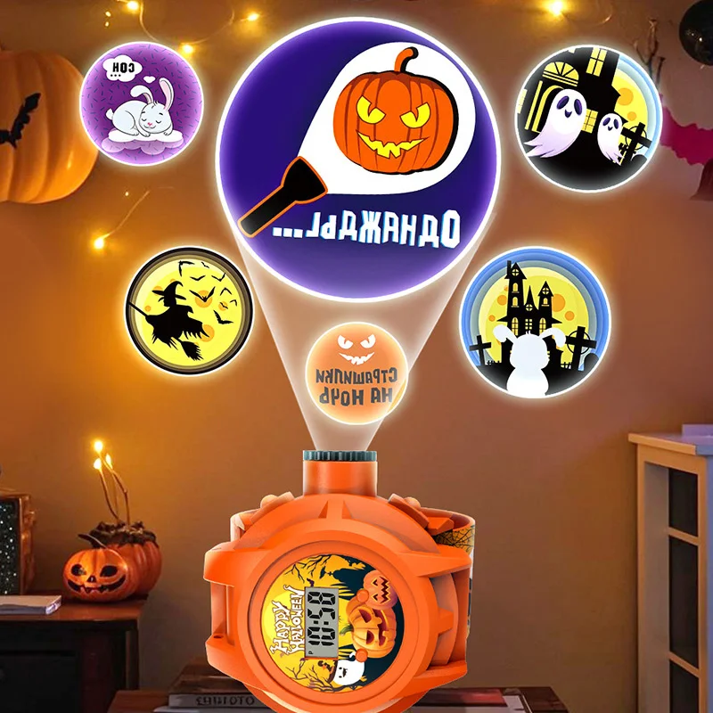 Halloween projection watch, colorful pumpkin shape flip design, is an ideal Halloween gift for children.