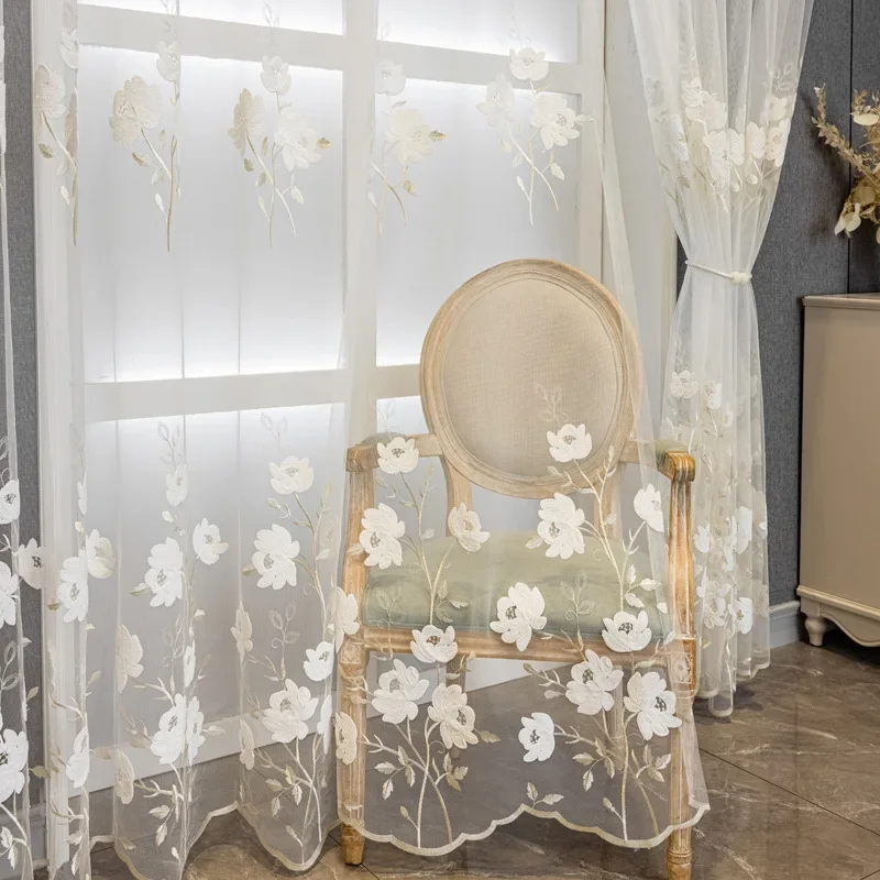 Transparente bestickte Vorhänge weiße amerikanische Landschaft Blumen halb schattierende Tüll vorhänge für Wohnzimmer Esszimmer Schlafzimmer