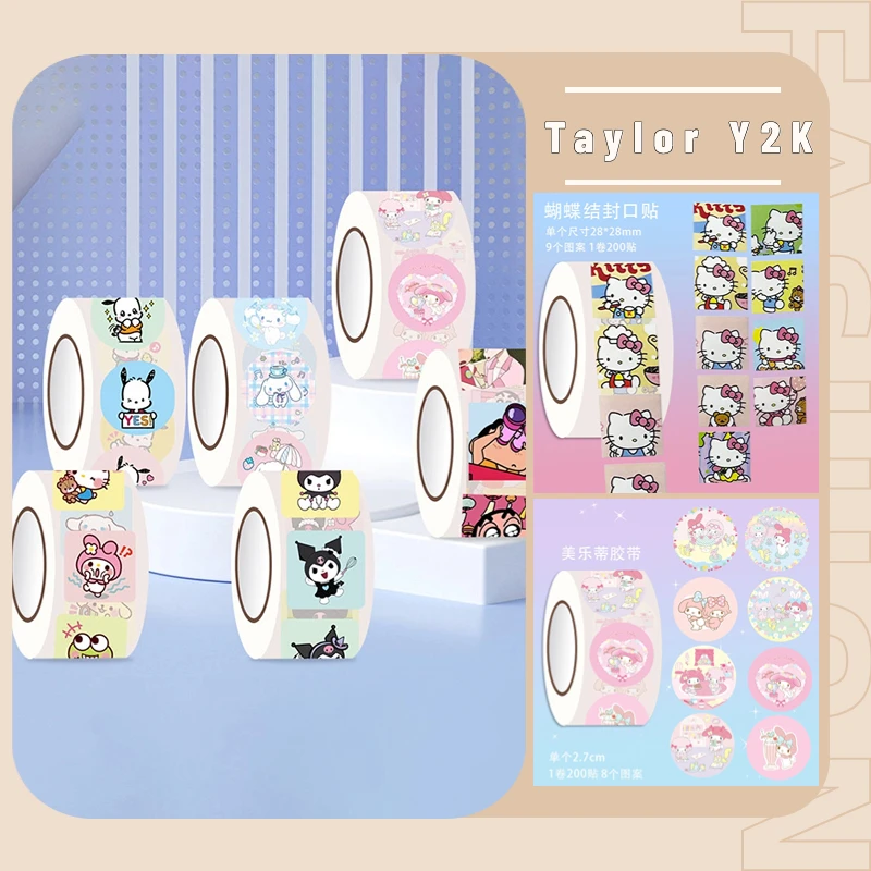 

1 Roll of 200 Sanrio Hello Kitty Stickers Anime Figure Kuromi My Melody Cinnamoroll Tape Cartoon Kawaii Sealing Tape Stationery