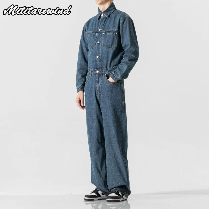 

New Vintage Washed Turn Down Collar Jumpsuit Denim Hip Hop Street Y2k Style Fashion High Street Clothing Loose Overall Youth
