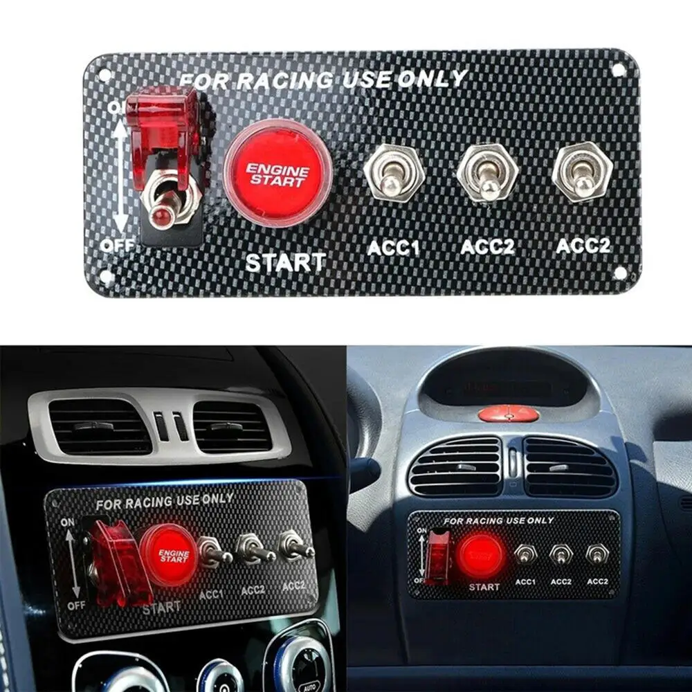 

Universal Car Accessory LED Carbon Toggle Ignition Switch Panel Engine Start Push Button Set for 12V Power Speediness Racing Car