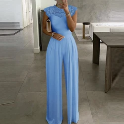 Solid Color Jumpsuit Women Elegant Embroidery Lace Sleeveless Rompers Fashion Party Night Evening Jumpsuit High Waist Clothing