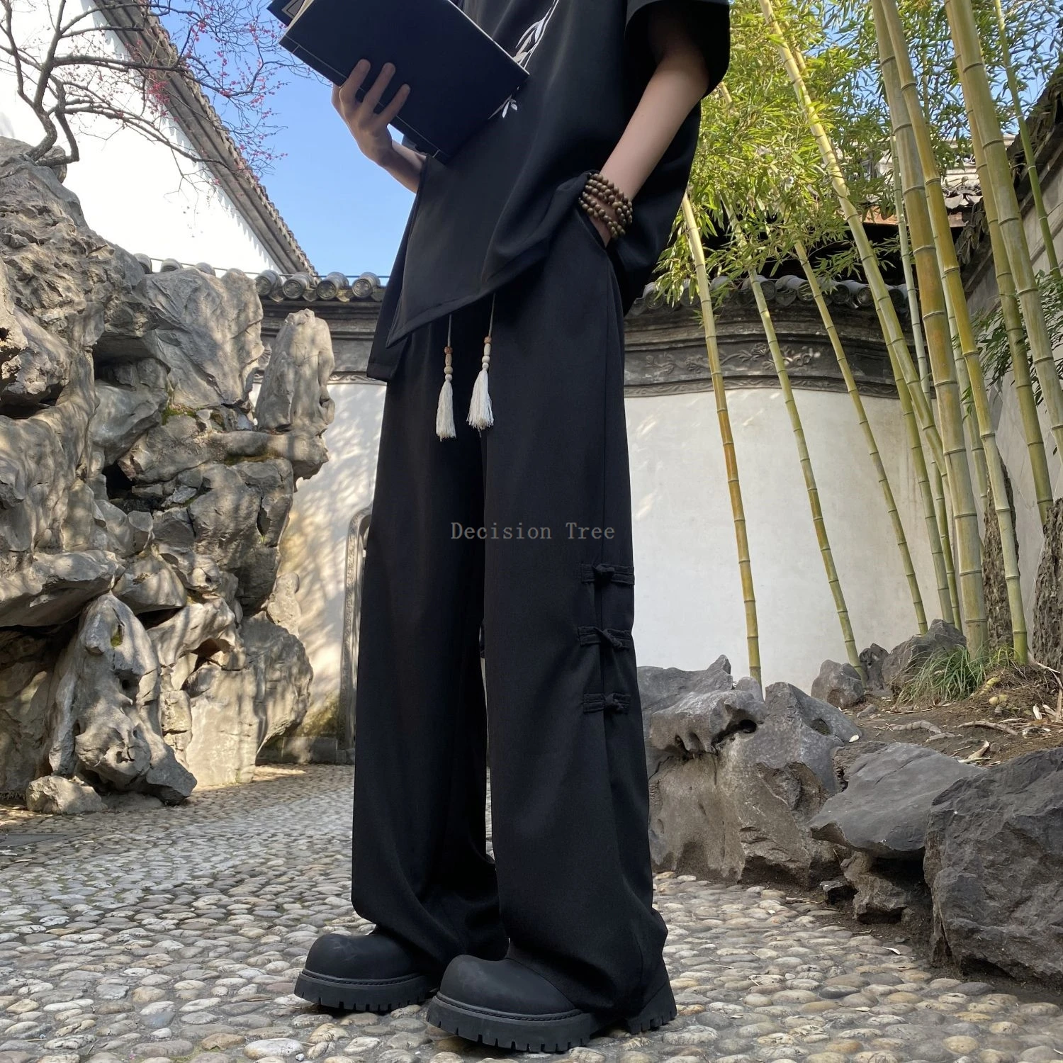 chinese style men tai chi kungfu pants loose martial arts performance straight leg pants fashionable tassel design trousers