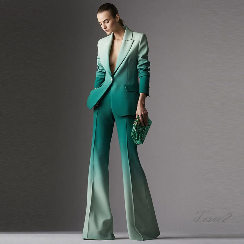 Tesco Stylish Pants Sets For Women Suit Blazer Flare Pants 2 Piece For Wedding Or Evening Party Gradient Elegant Pantsuits