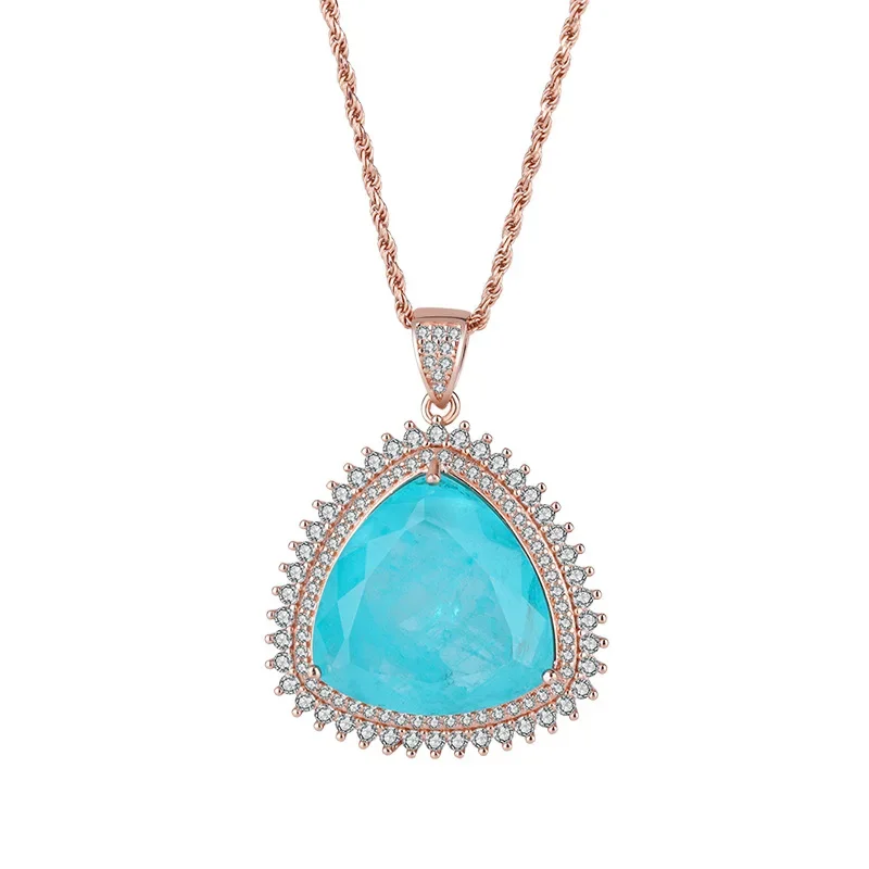 

Spring Qiaoer 23MM Paraiba Tourmaline Pendant Rose Gold Chain S925 Sterling Silver Necklace For Women Party Accessories Gift