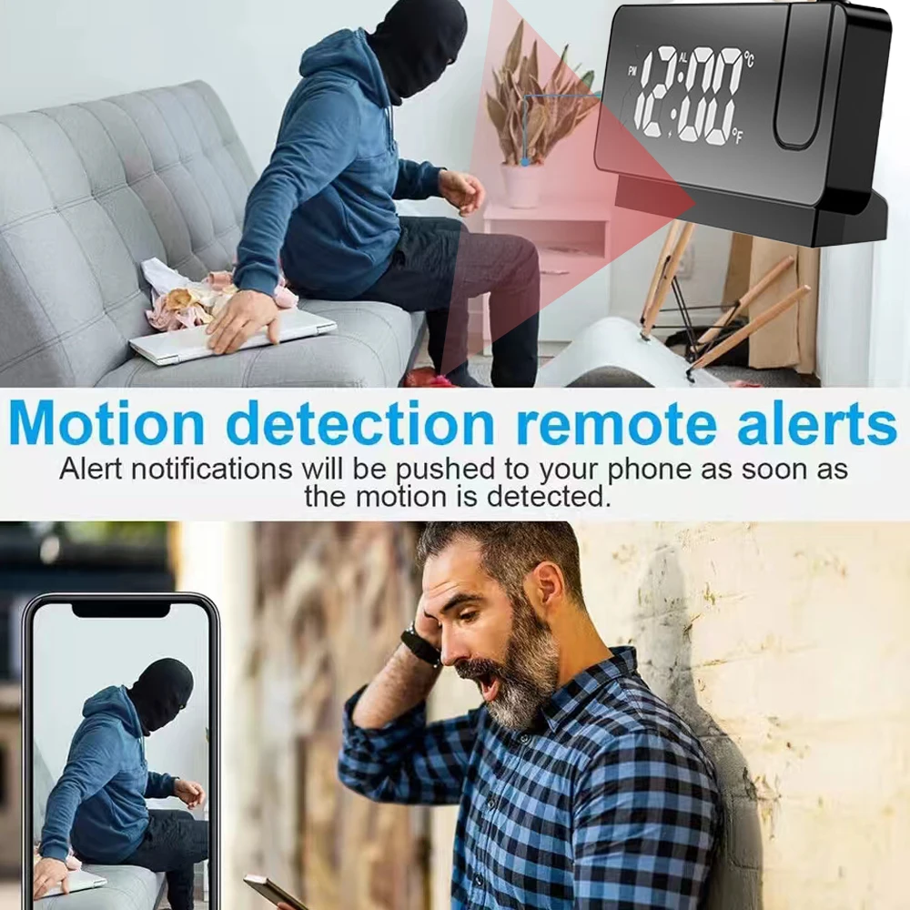 4K HD mini clock camera, supports motion detection alarm, WIFI connection, APP remote viewing, and home security 3