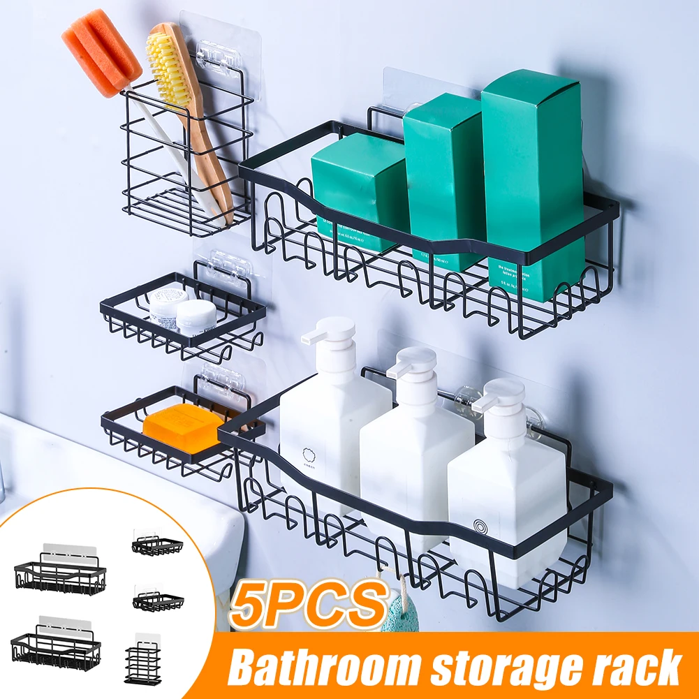 

5PCS/Set Bathroom Storage Rack Kitchen Organizer Shelf Stainless Steel Punch Free Wall Mounted Shower Caddy Home Storage Holder