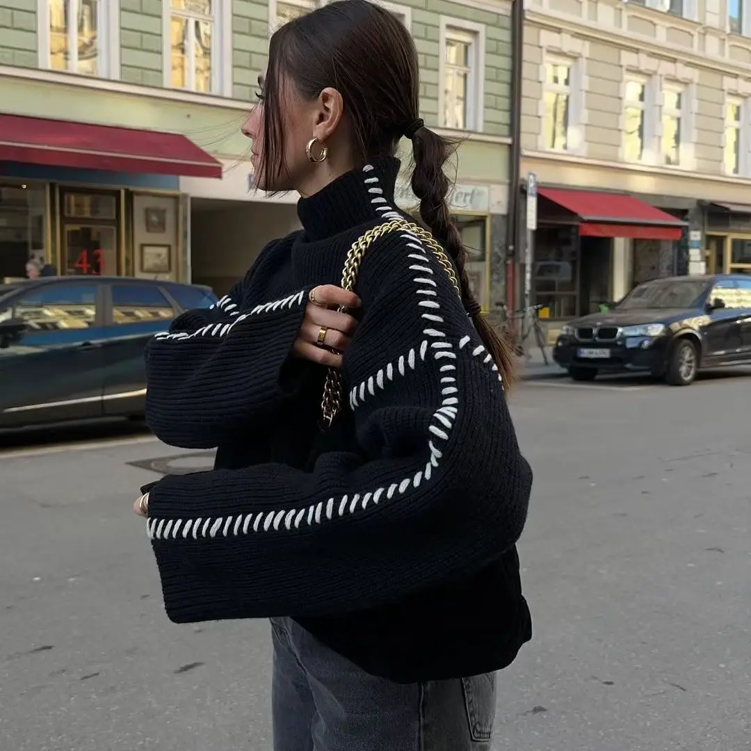 

Winter Stylish Women's Sweaters Loose Casual Knitting Thick Warm Contrast Color Patchwork Crew Neck Classic Pullovers C5562