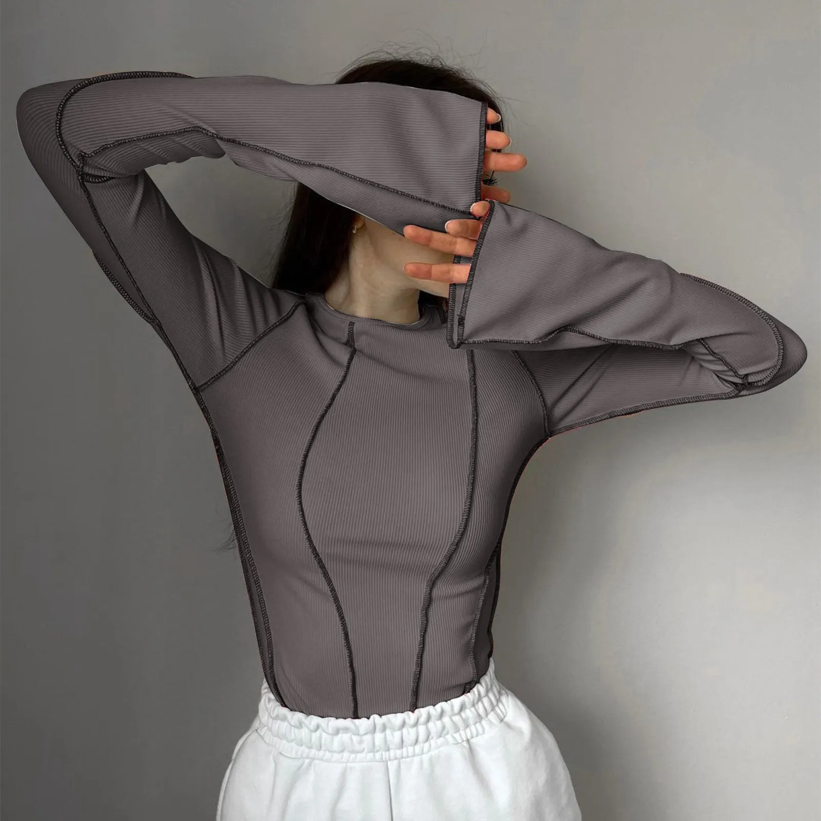 

Ladies' Round Neck Bell Sleeve Ribbed Top: Fashionable Athletic V Neck Shirts Women Womens Summer T Shirts Tops Exercise Women