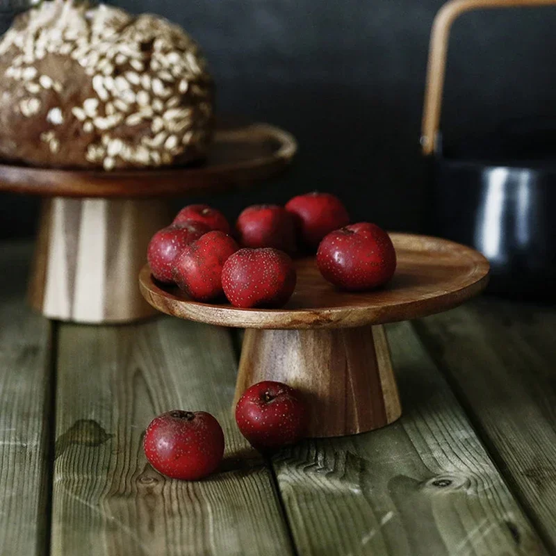 Household Circular Solid Wood Trays Sushi High Foot Cake Plates Fruits Snacks Kitchen Tools