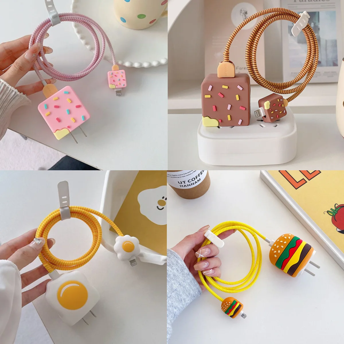 Cable Protector Cover Cute 3D Ice Cream USB Cable Data Line Protector Cover For iPhone 18/20W Fast Charging Case Cartoon Winder Organizer