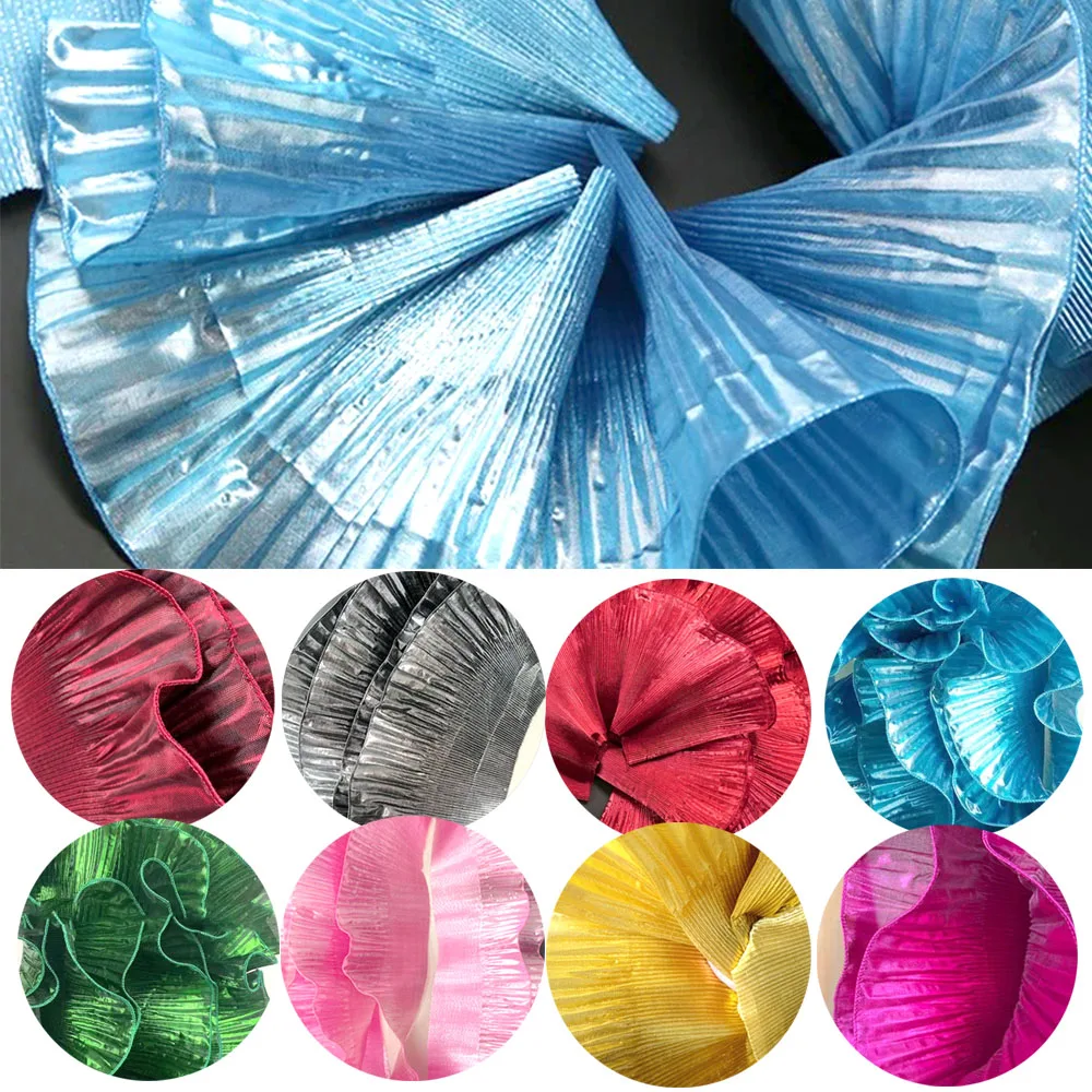 Metallic Lustrous Ruffle Pleat Lace Retro Organza Fabric Trim Decorative Tulle Border For Diy Sewing Dress Bag Costume 1Yard lace fabric,lace sewing accessories,lace sewing supplies,lace accessories,lace decoration,clothing craft accessories,tassel trim lace