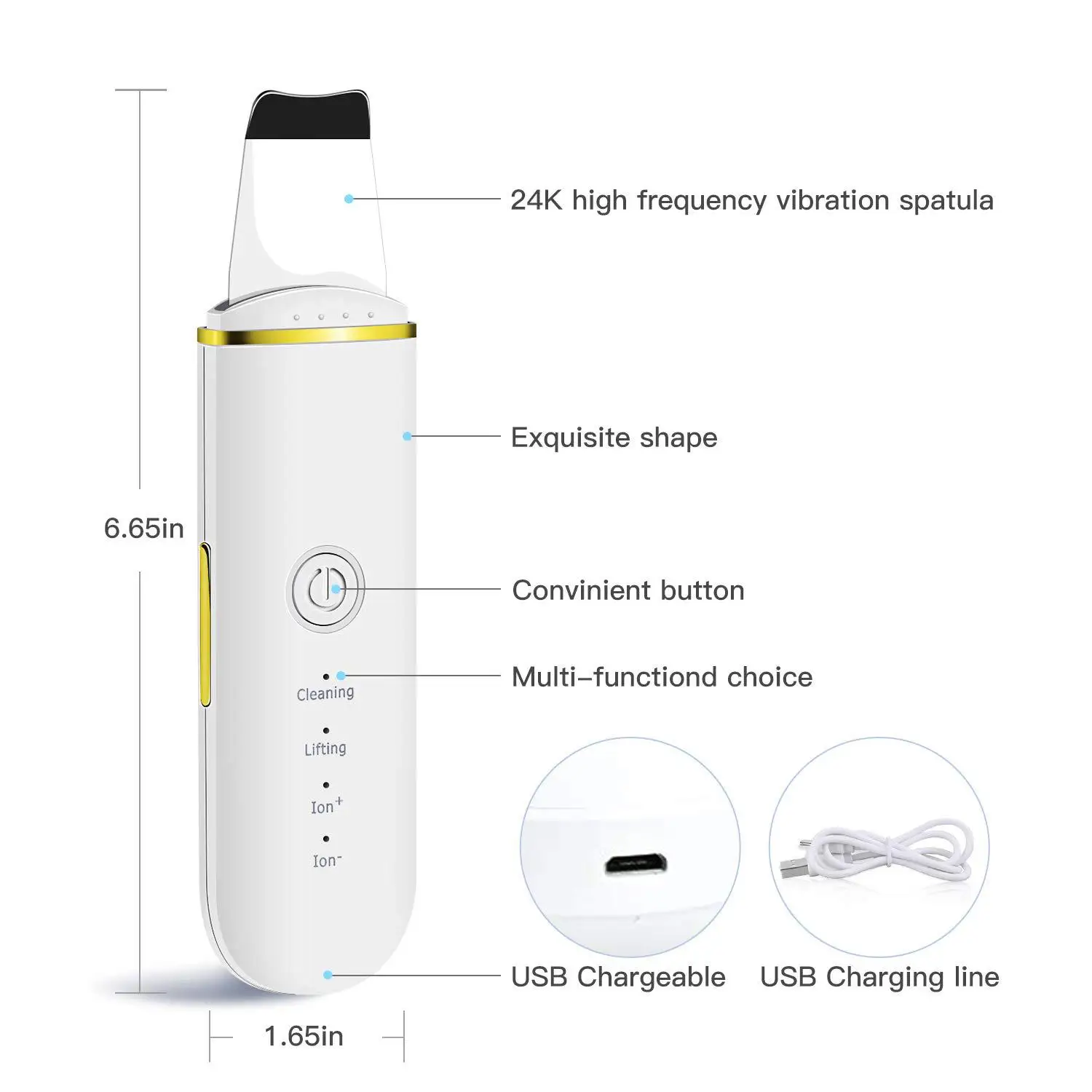 25Khz Ultrasonic Vibration Skin Scrubber EMS Stainless Steel Spatula Blackhead Remover Skin Scrubber