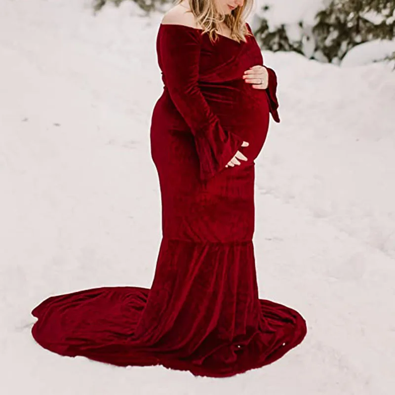 Velvet Maternity Winter Dresses for Photo Shoot Elegant Long Sleeve Pregnant Women Baby Shower