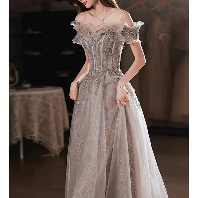Elegant Evening Dresses Strapless A-Line Off The Shoulder Sequin Beaded Bandage Shiny Slim Backless Floor-Length Celebrity Gowns