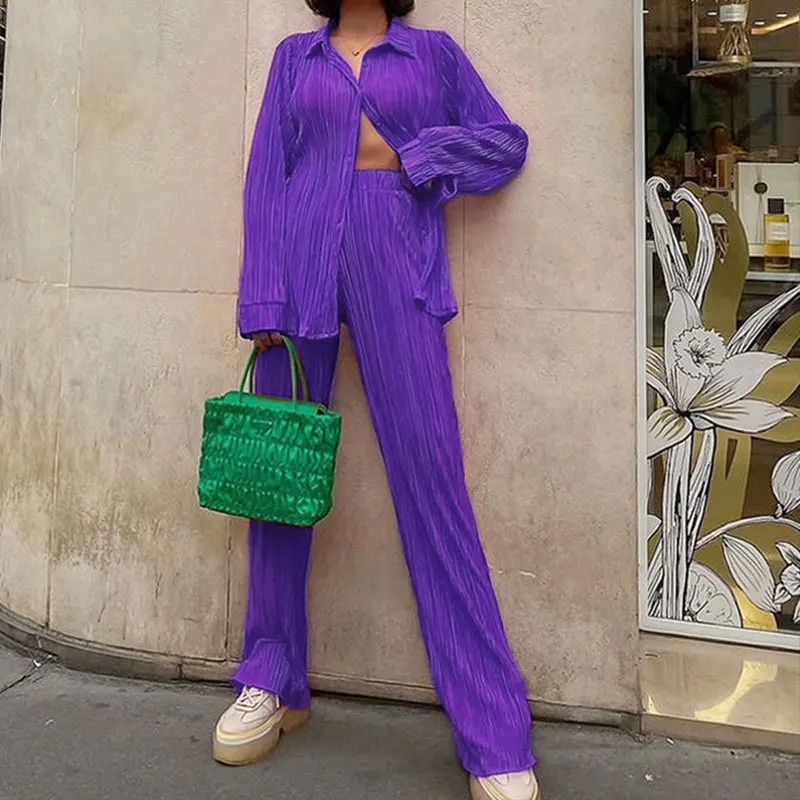 

Женский костюм для отпуска Y2K, рубашка с длинным рукавом, топ, свободные широкие брюки, спортивный костюм, Осенний Элегантный комплект из двух предметов со складками