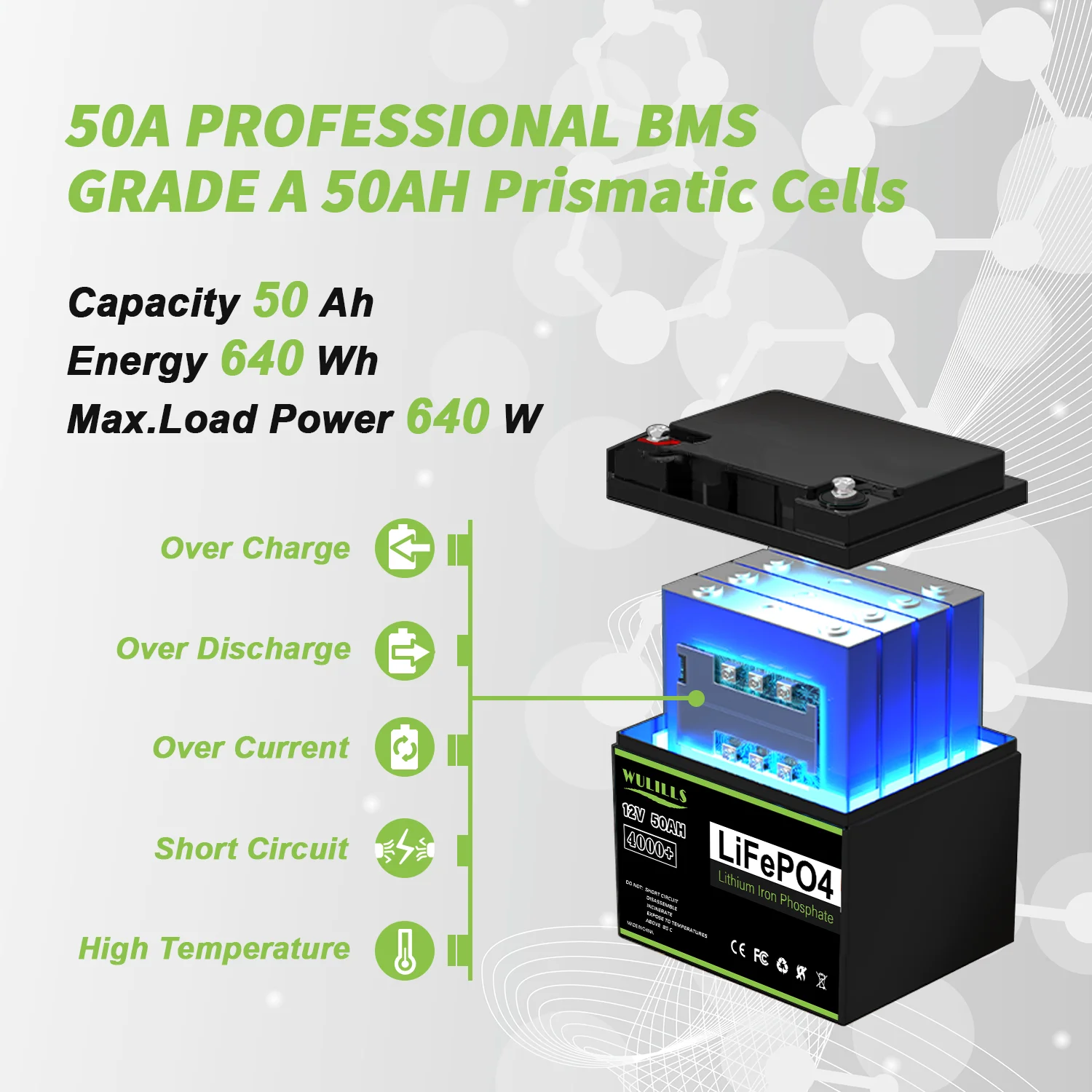 12v 50AH LiFePO4 Batteries Built-in BMS Deep Cycle Rechargeable