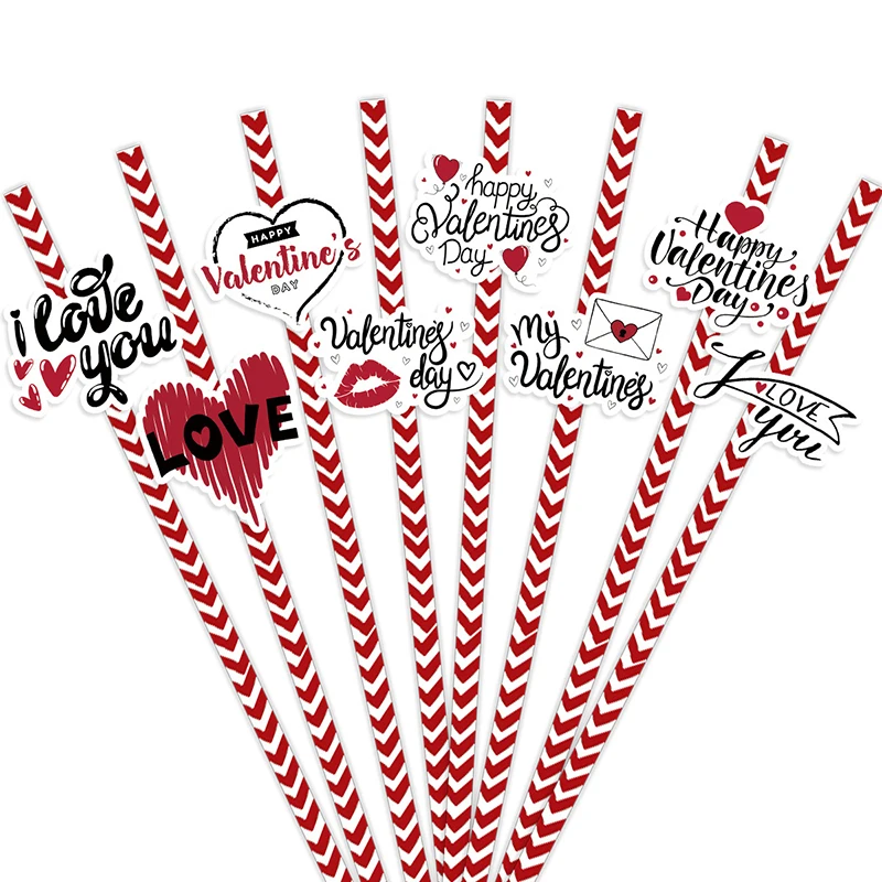 

24Pc Valentine'S Day Red Stripes Paper Straws Design Straws For Birthday Wedding Decorative Party Event Drinking Straws Supplies