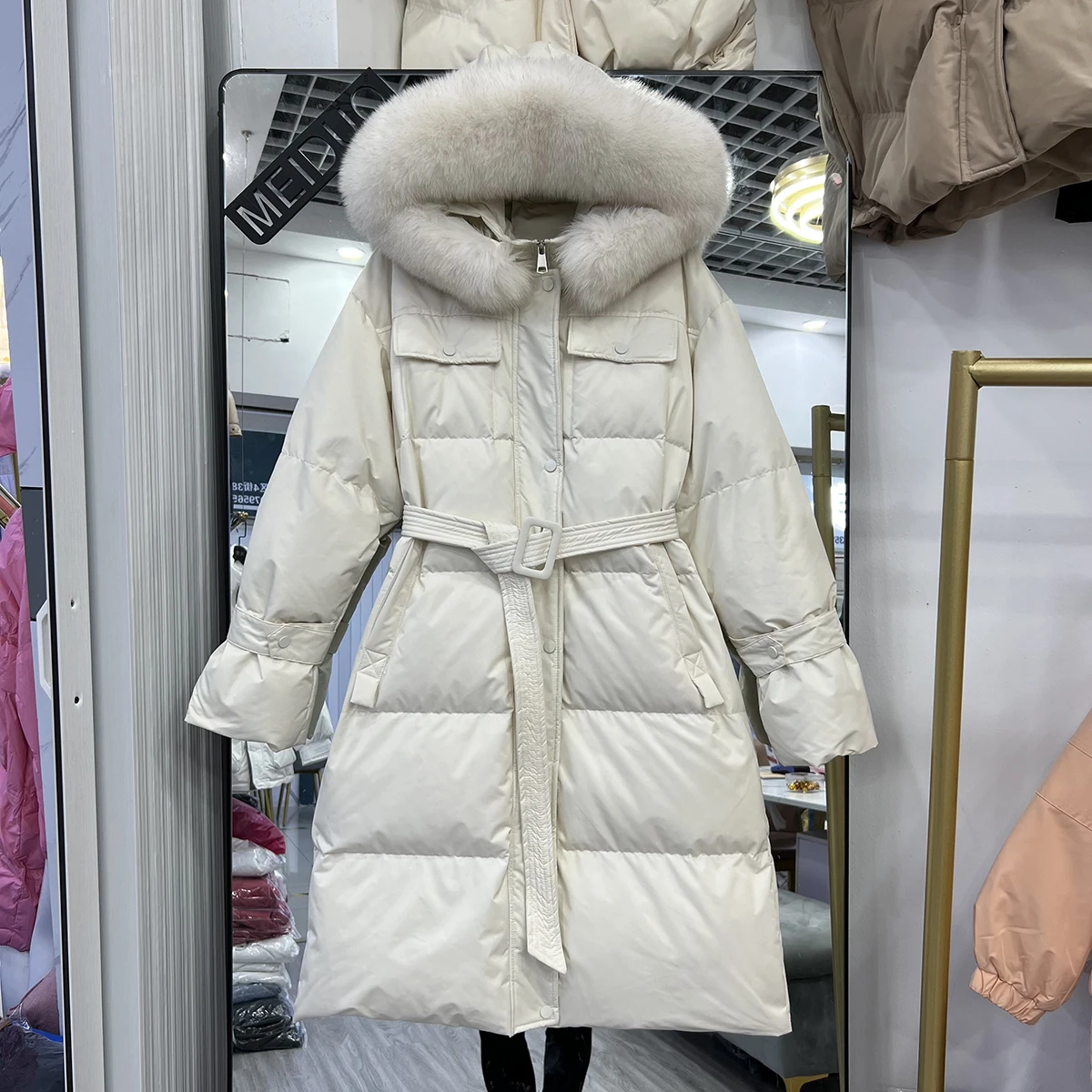 

Winter Large Fur Collar Hooded Long Jackets Women Korean Style Loose Down Cotton Coat Fluffy Warm Winter Outwear with Belt