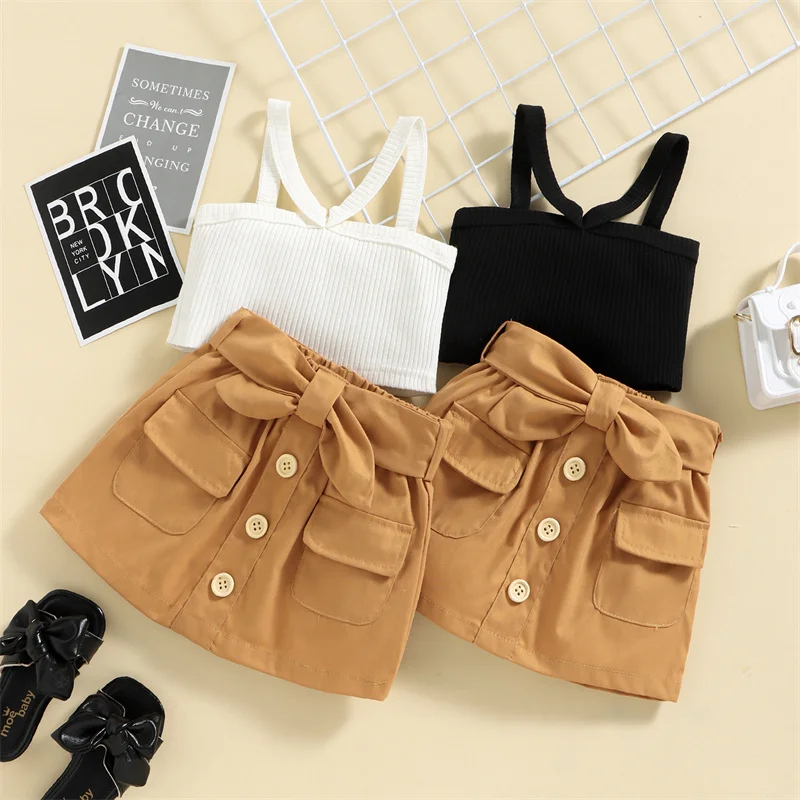 

Fashion Summer Toddler Newborn Girls 2 Pieces Suit White Suspenders Tops + Khaki Skirt Kids Infant Baby Girl Set Clothes Costume