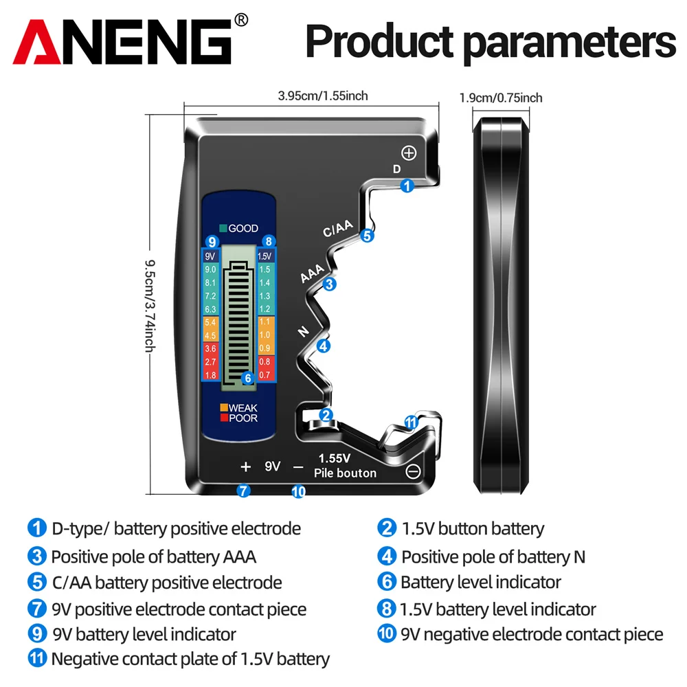 Battery Tester ANENG LCD Display C AA AAA D N 9V 1.55V Universal Button Cell Volt Capacity Check Detector Capacitance Tools