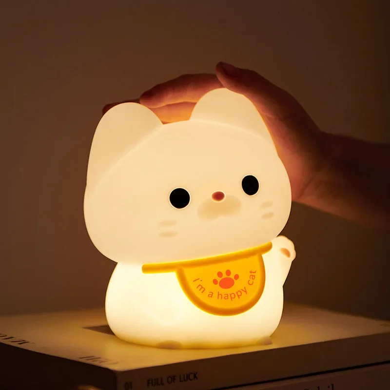 Lucky Cat Night Light USB Charging Timer LED Silicone Tapping Light Children's Bedside Warm and Healing lamps
