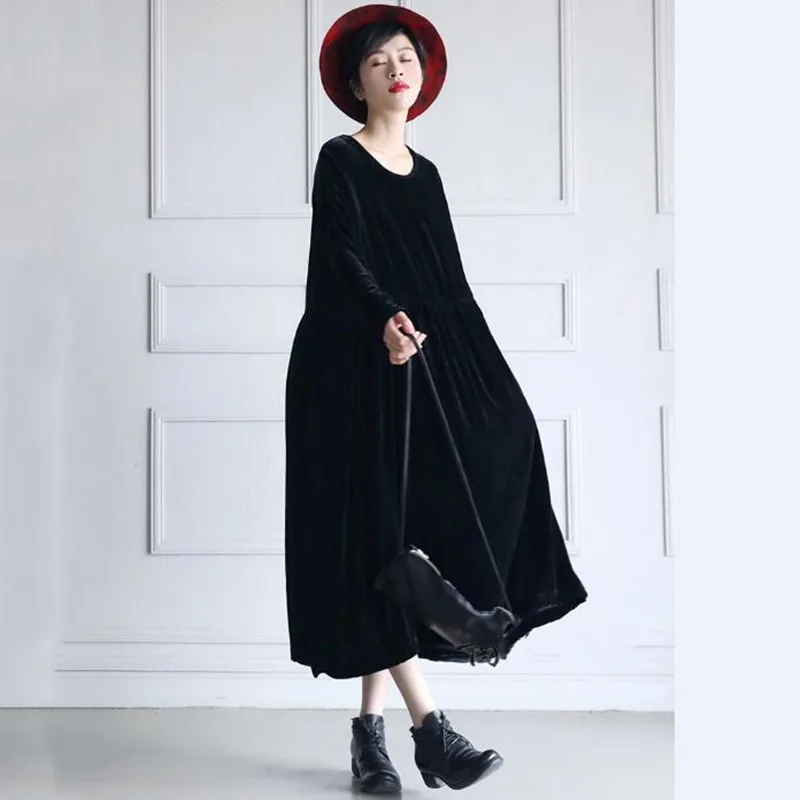 브랜드 가을 벨벳 드레스, 겨울 캐주얼, 루즈 긴팔, 빈티지, 두꺼운 맥시 벨벳 원피스 드레스