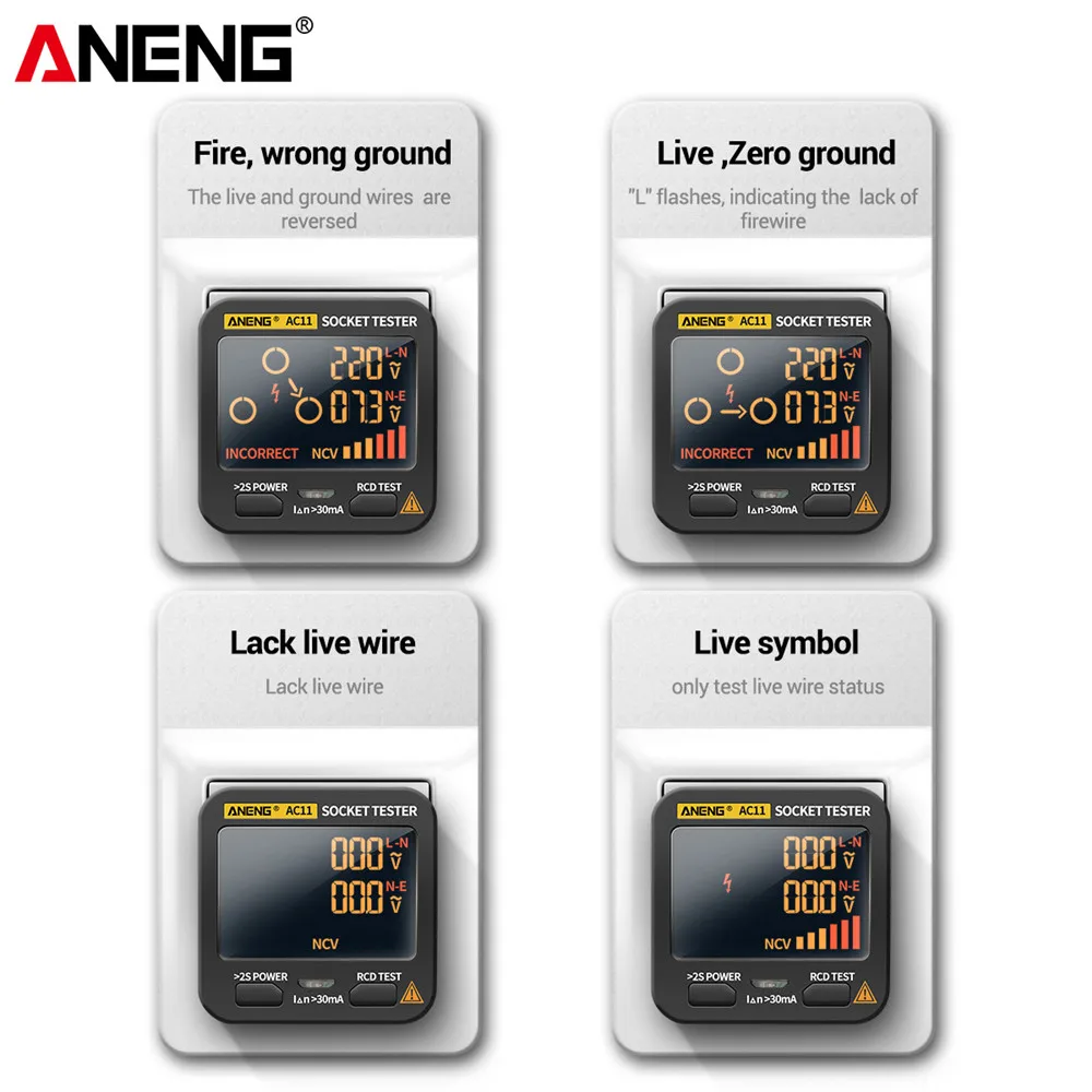 ANENG AC10/AC11 Socket Detector US/EU/UK Plug Ground Zero Line Plug Polarity Phase Detector Smart Digital Tester socket tester,circuit tester