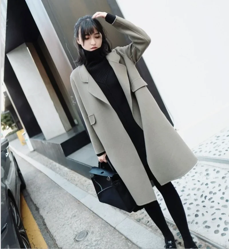 Fashion Double Sided Cashmere Wool Coats Women Lapel Solid Color Knee-Length Long Outwears Warm Thick Autumn Winter Overwears