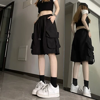 ZOKI Women High Waist Cargo Shorts American Style Streetwear Summer Wide Leg Pants Fashion Female Big Pocket Loose Shorts New 1