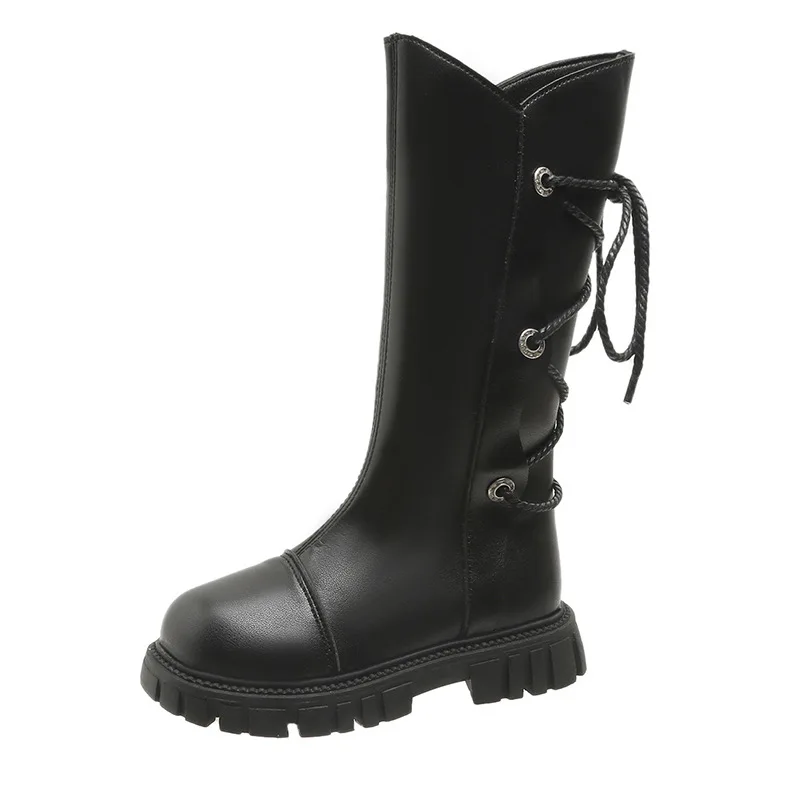 

Children Mid Heels Knee High Motorcycle Boots Fashion New Winter Girls Knight Long Boots Lace Up Gladiator Boots