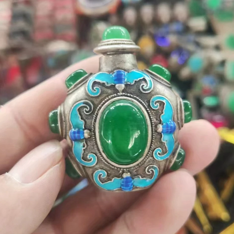 China old Tibetan folk silver inlaid with greenstone jade snuff bottle 3