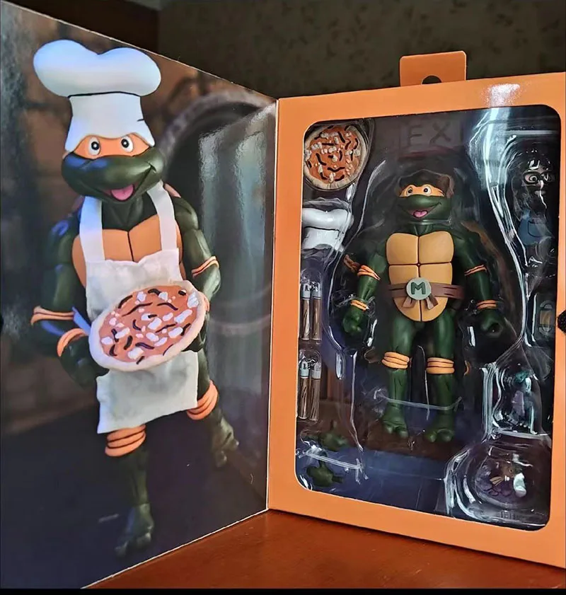재고 오리지널 NECA TMNT 피자 클럽, 레오나르도 라파엘 도나텔로 미켈란젤로, 애니메이션 버전 액션 피규어 수집품 장난감 선물