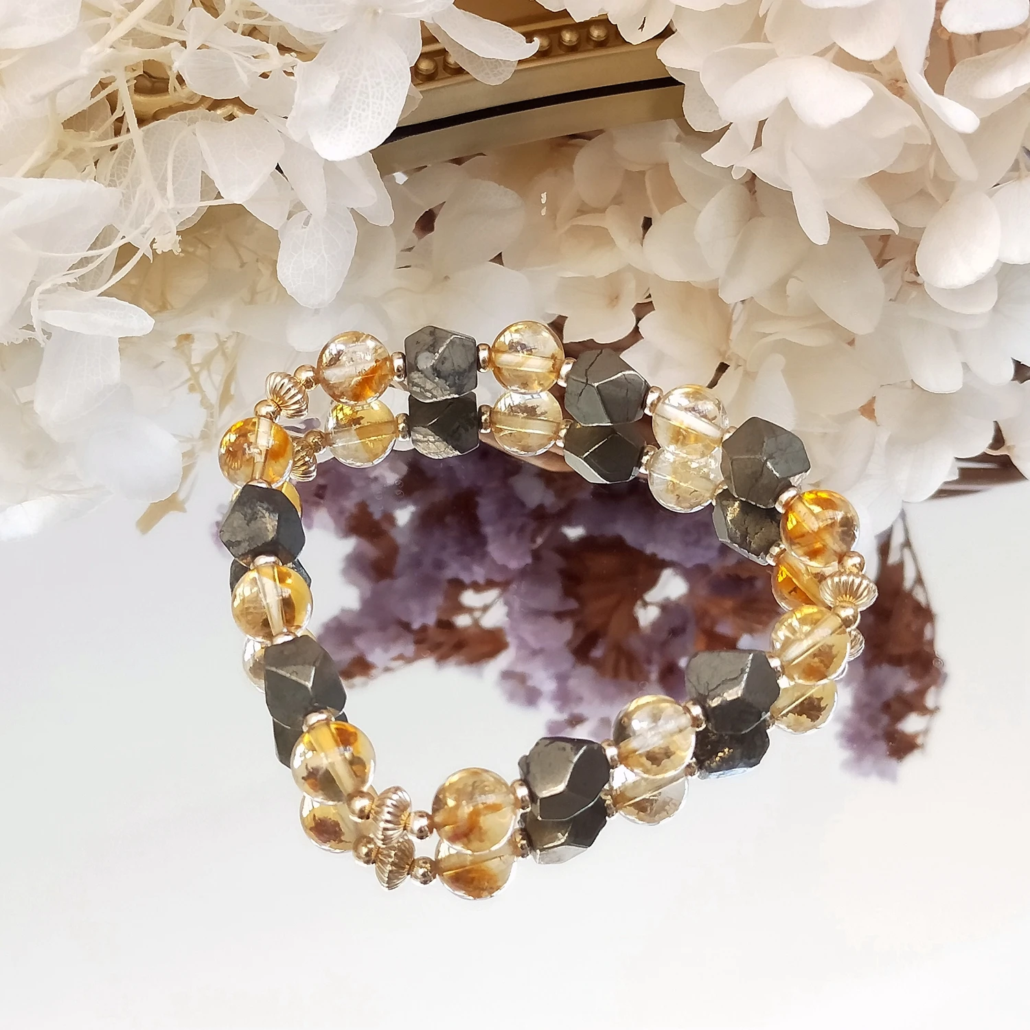 Lii Ji Citrine Pyrite Natural Stone 8mm 14K Gold Filled Stretch Bracelet Handmade Bohe Fashion Jewelry