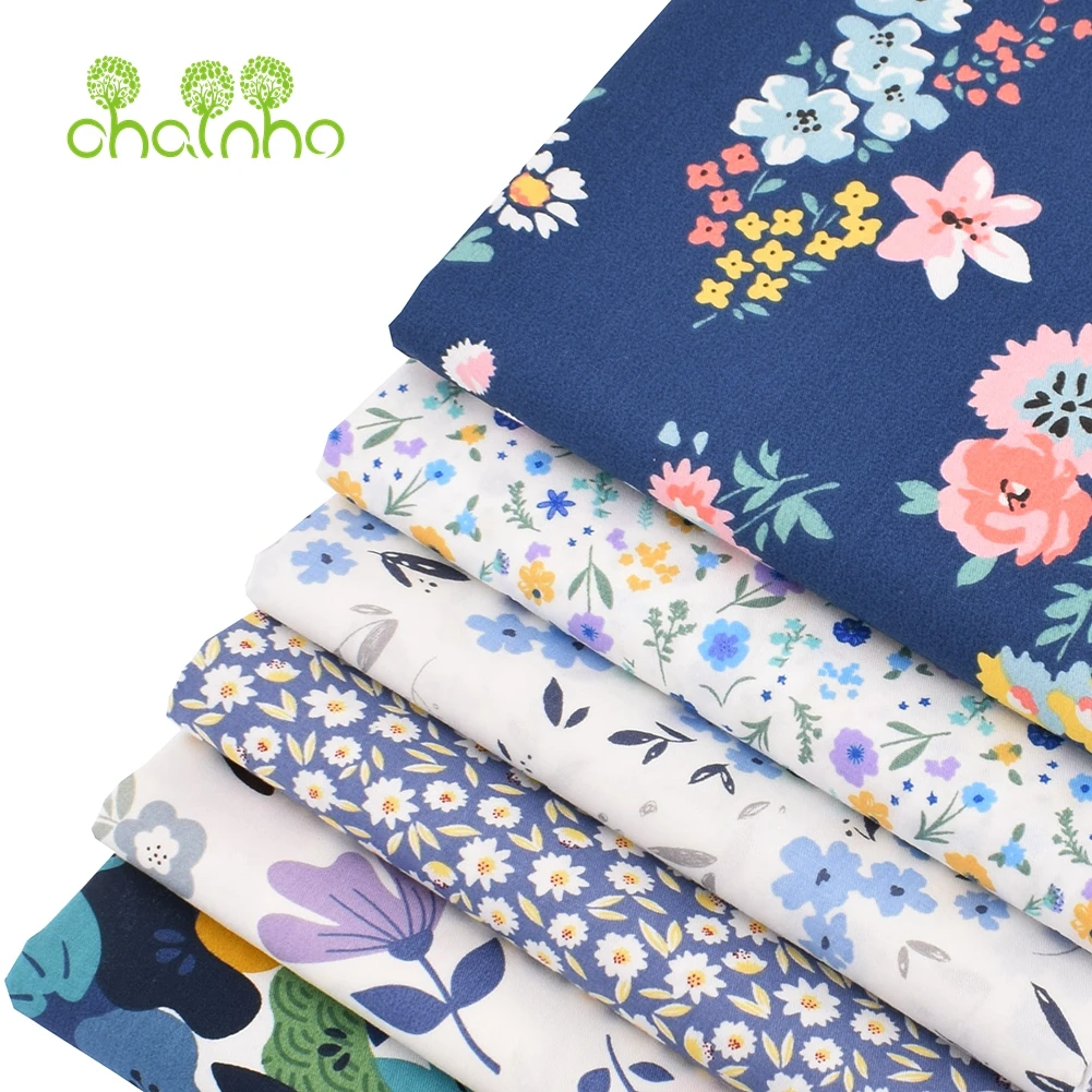 Chainho,Printed Twill Weave Cotton Fabric,DIY Sewing Quilting Material,Patchwork Cloth,Blue Floral Series,2 Specification,15C196