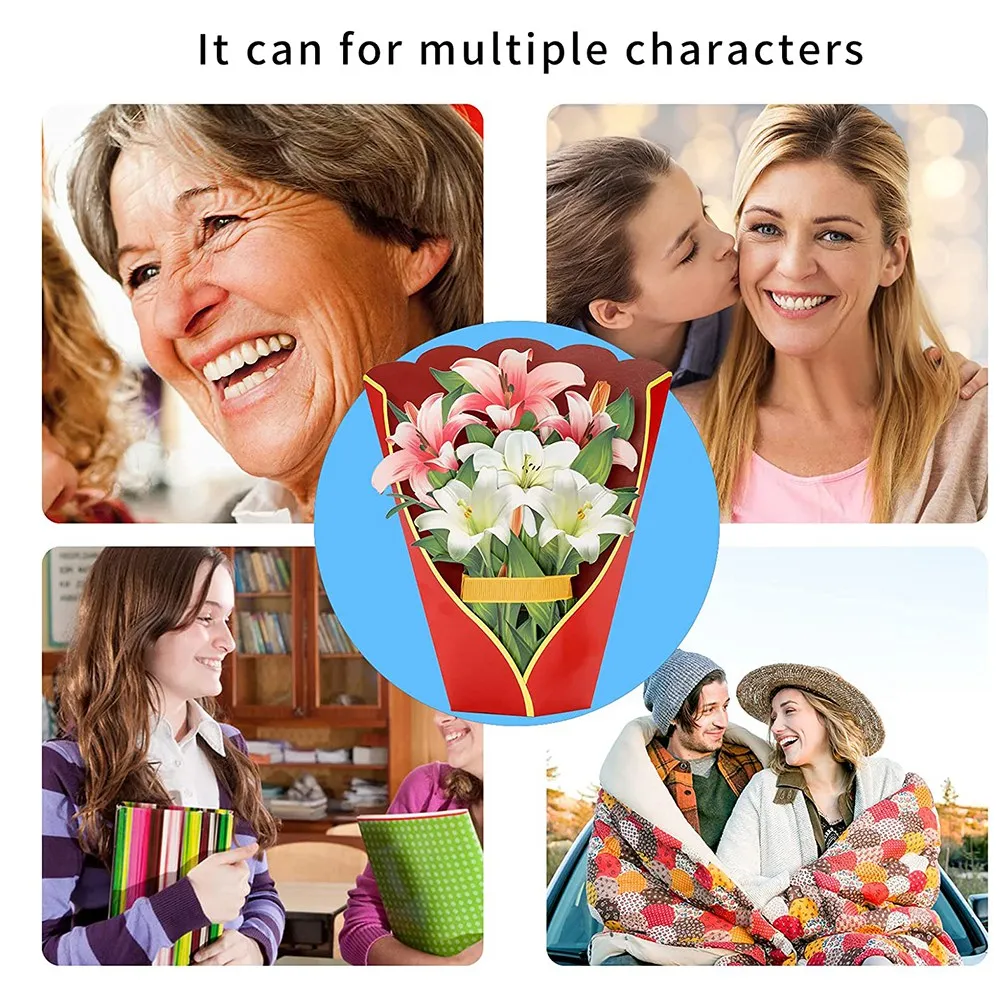 Paper Pop-Up Cards Lilies Flower Bouquet 3D Greeting Cards for Mom Mothers Day All Occasions
