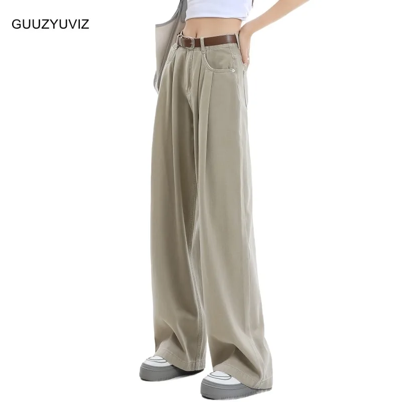 

GUUZYUVIZ 2023 New Korean Fashion Denim Pants High Waisted Wide Leg Jeans Woman Solid Y2K Casual Baggy Straight Trousers Female