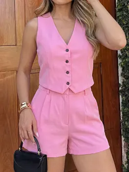 HH Women Solid Casual 2 Piece Set V Neck Single Breasted Vest Top High Waist Slim Shorts Female Casual Office Lady Daily Wear 1
