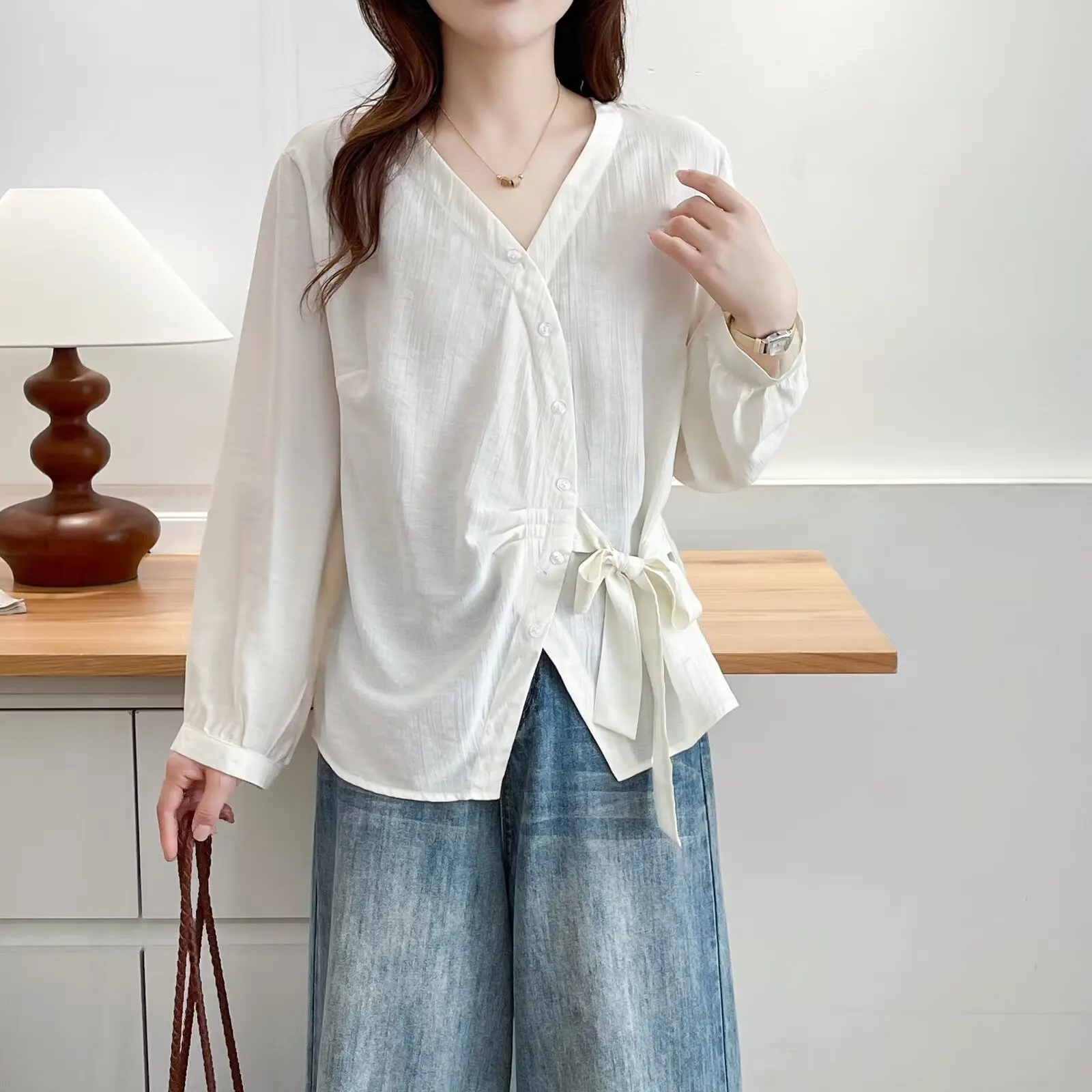 Plus Size Women's Blouses New Stylish Design Side Lace-Up Bow Long Sleeve V-neck Solid Color Shirt 169