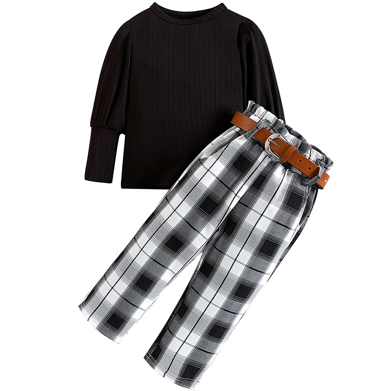 

3Piece Spring Fall Baby Girl Clothes Fashion Black Long Sleeve Cotton Tops+Plaid Pants+Belt Boutique Kid Clothing Sets BC2076-1