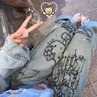 Sanrio Hello Kitty Wide Leg Pants Y2K Korean Version Streetwear Jeans Women Vintage Blue Loose Straight Trousers Cartoon Fashion 1