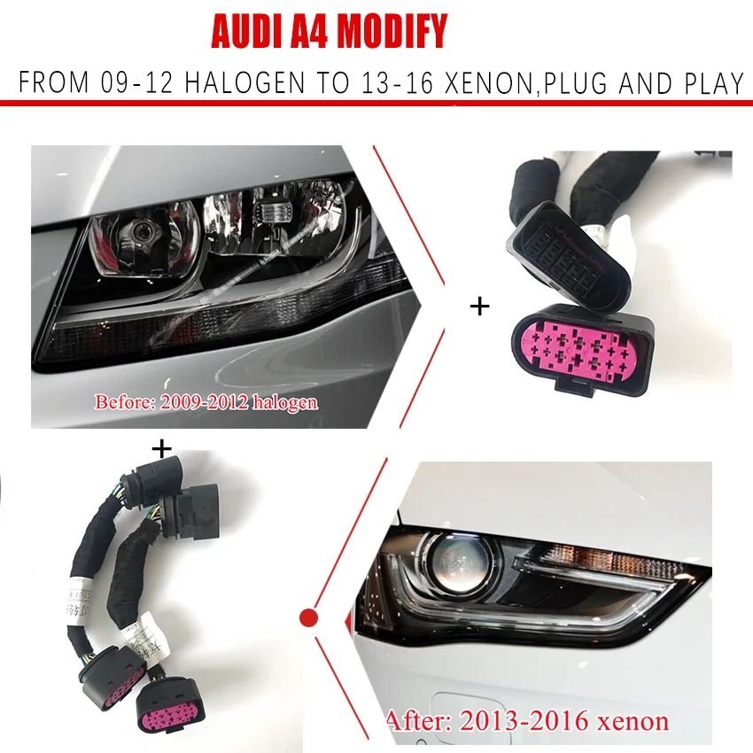 CZMOD Headlight Modification Upgrade Special Transfer Wire Adapter Harness Cable For Audi A4 From 09-12 Halogen To 13-16 Xenon
